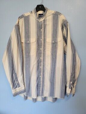 Vntg Wrangler Western Band Collar Shirt Mens Striped L Blue Cream